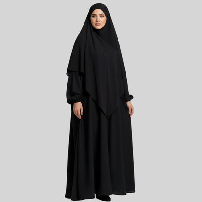 Abaya Amira Noire avec Khimar Intégré – Élégance Intemporelle