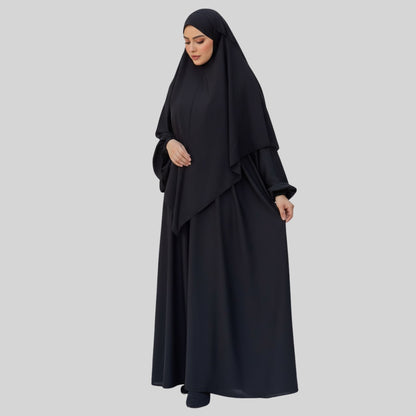 Abaya Amira Noire avec Khimar Intégré – Élégance Intemporelle